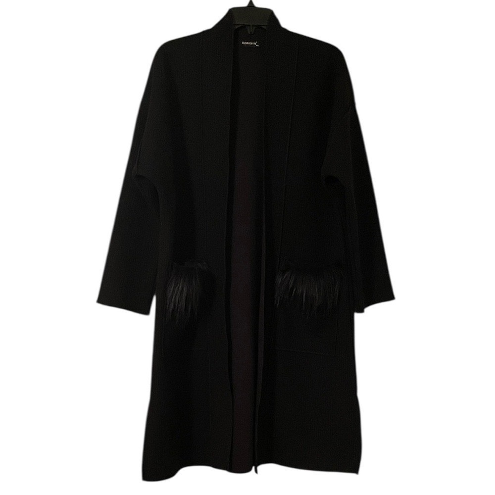 Darkwin Women's Black Faux Fur Pocket Wool Blend Knee Length Cardigan Size‎ XXL